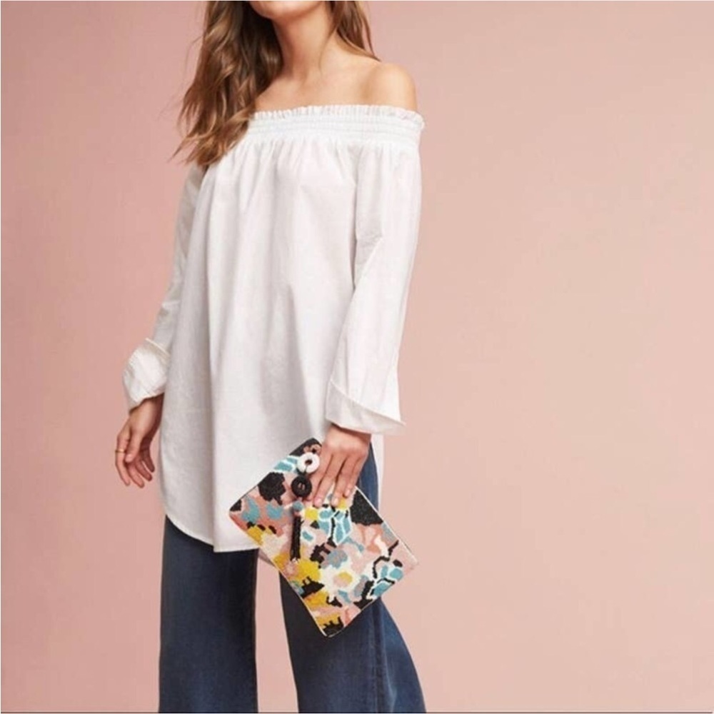 Anthropologie White Off-Shoulder Tunic Relaxed Fit